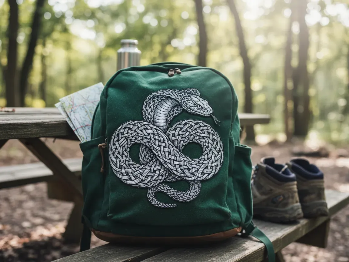 Grüner Canvas-Rucksack mit kunstvoller keltischer Knoten-Schlangen-Illustration
