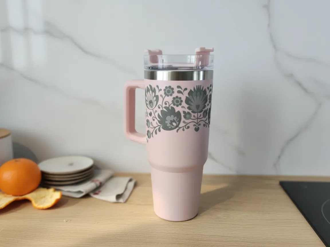 Pink Floral Tumbler with Handle laser engraved custom tumbler idea