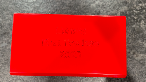 [Laser cut and engrave] Laser Engraved Red Toolbox Lid With Custom Text Liam's First Toolbox 2025