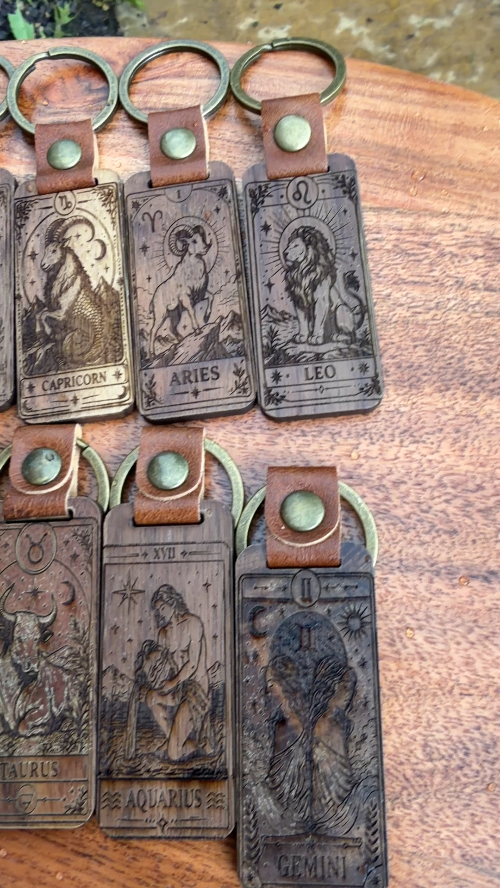 [Laser cut and engrave] Zodiac Sign Wooden Keychain Set with Leather Strap