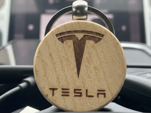Laser Engraved Wooden Tesla Logo Keychain custom logo keychain idea