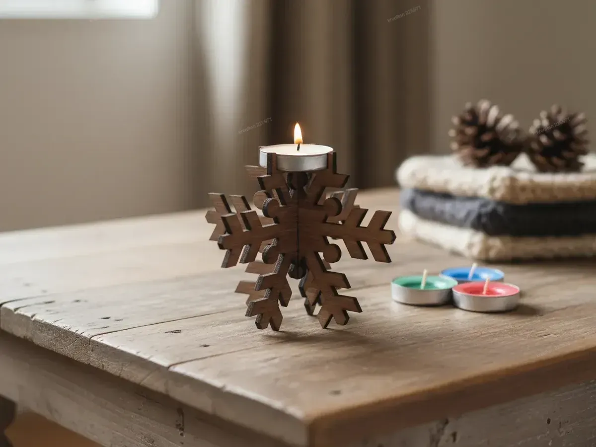 Laser cut wooden snowflake tealight candle holder in 3mm wood