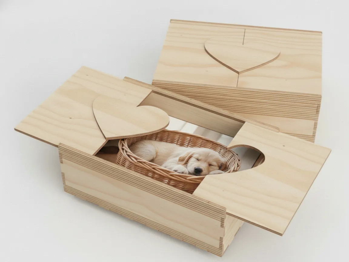 Gift Box with Heart-Shaped Sliding Lid laser-cut design on a styled shelf