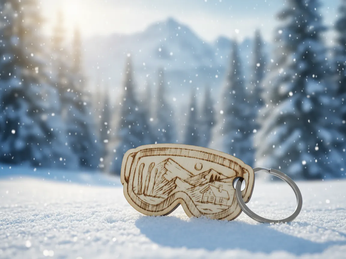 Laser Cut Wooden Ski Goggles Keychain with Mountain Cabin Engraving sports keychain design