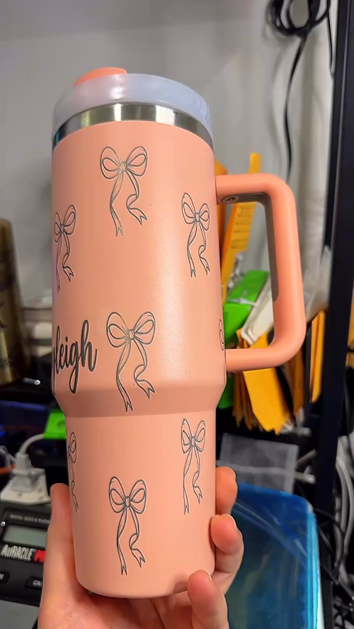 [Laser cut and engrave] Personalized Pink Tumbler with Bow Design and Name Hayleigh
