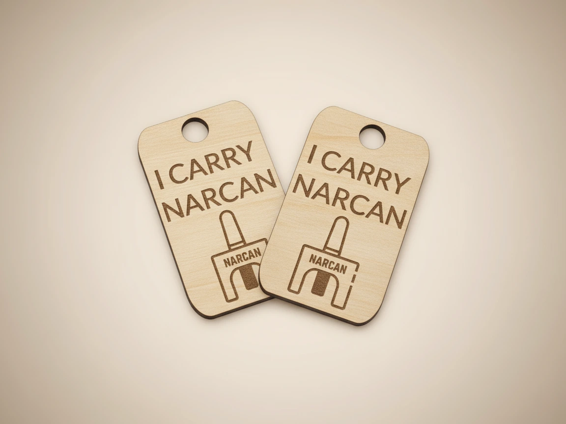 Laser cut wooden keychain tags with I carry narcan design