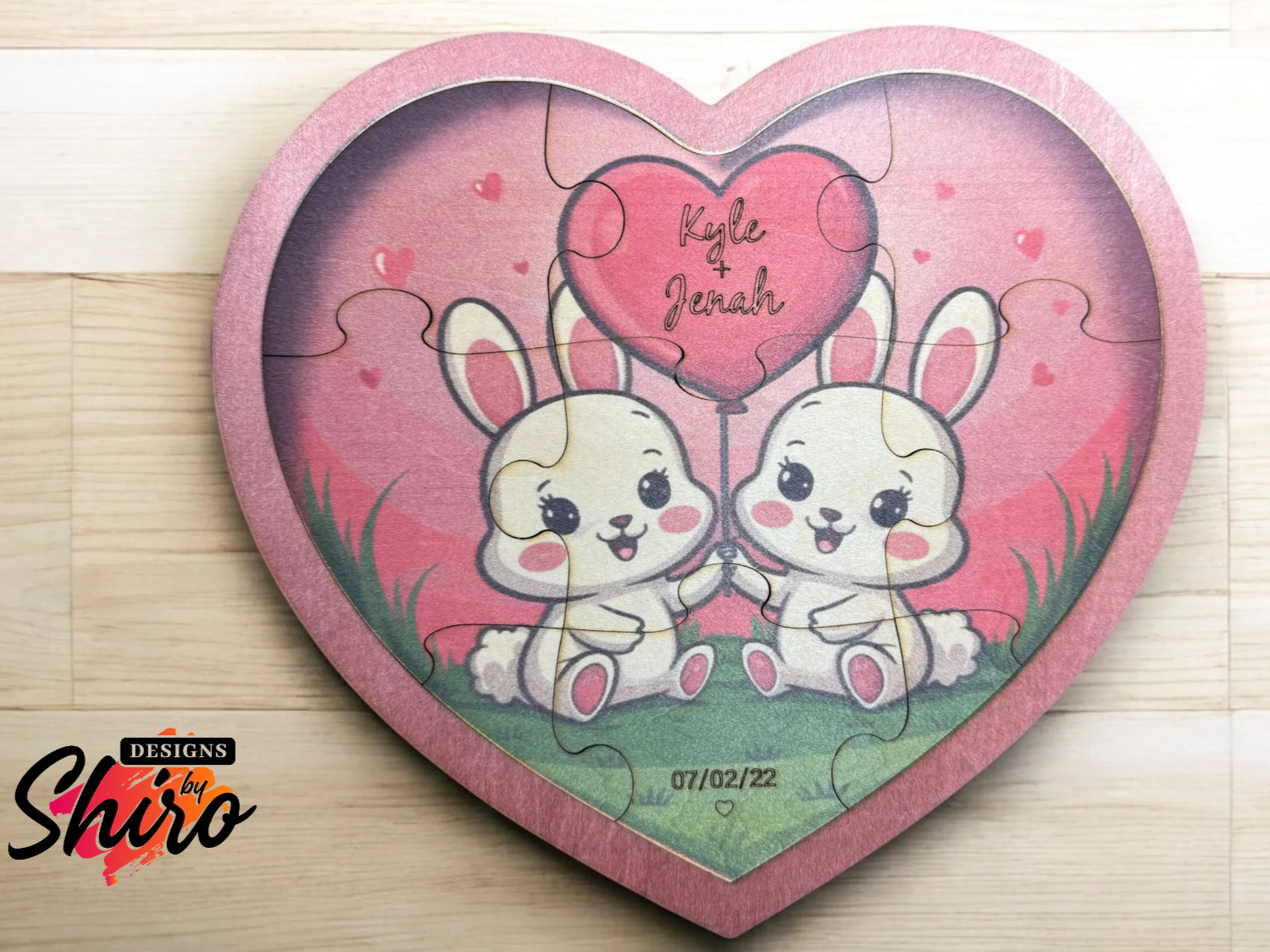 Cute Bunnies Heart Puzzle with Name and Date valentines day gift design