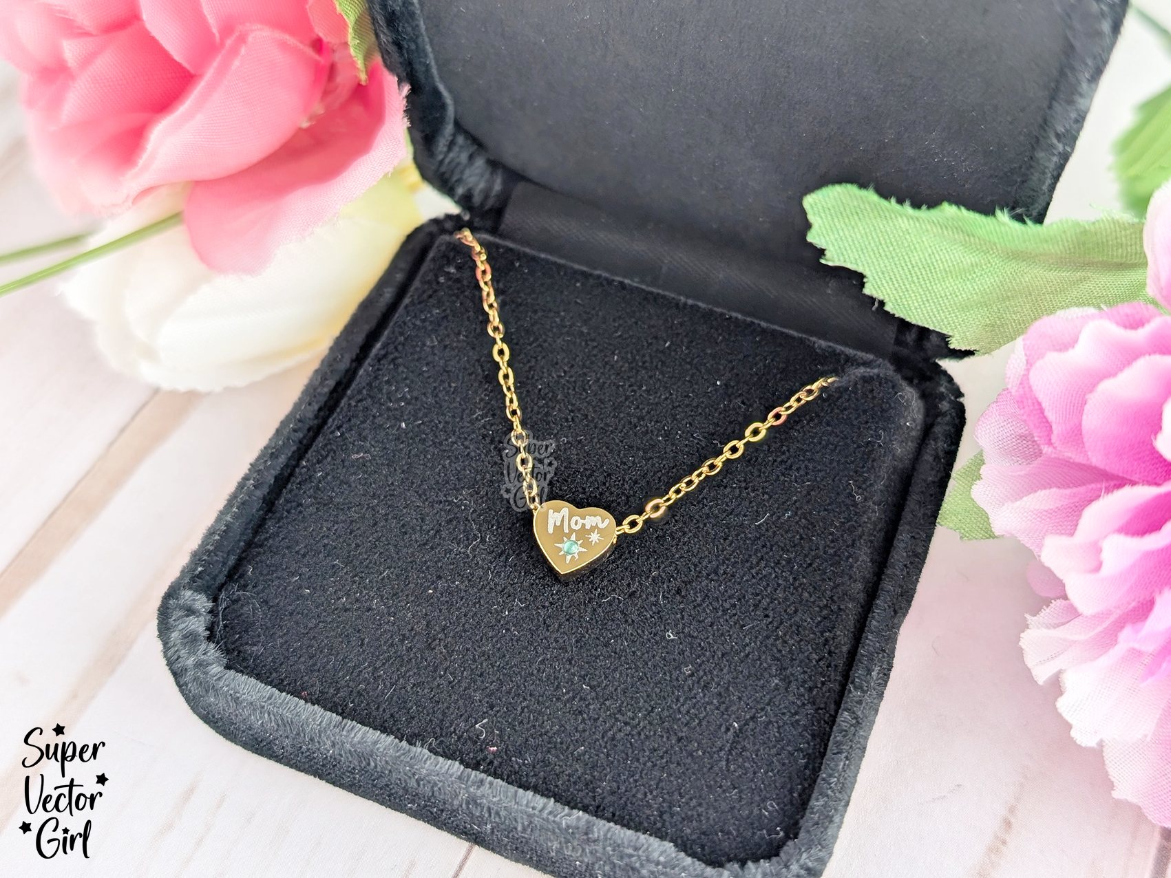 Heart Pendant Necklace with Engraved Mom and Birth 