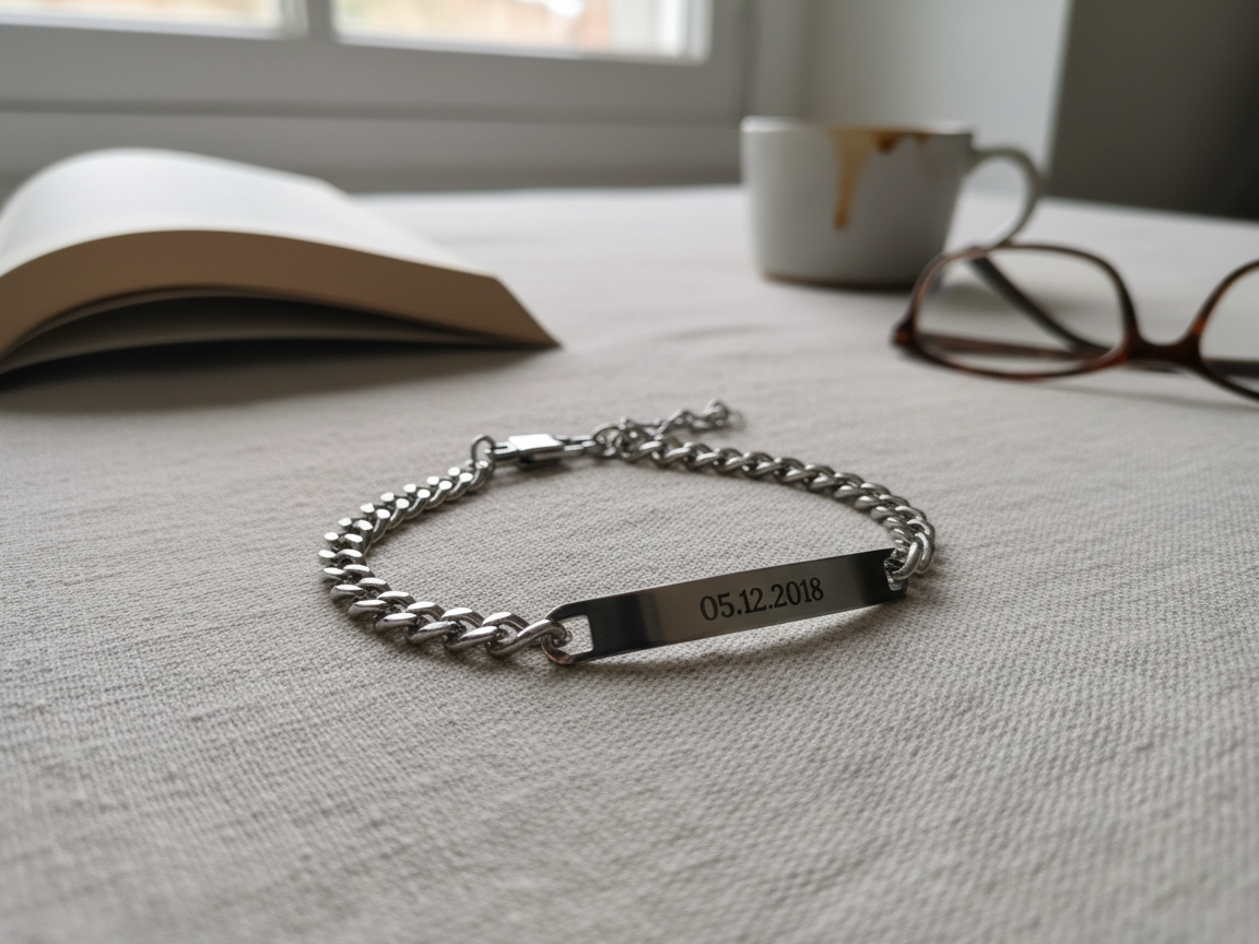 Engraved Stainless Steel Date Bracelet birthday gift for girlfriend idea
