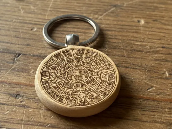 Un portachiavi in legno rotondo inciso con un intricato design di calendario azteco