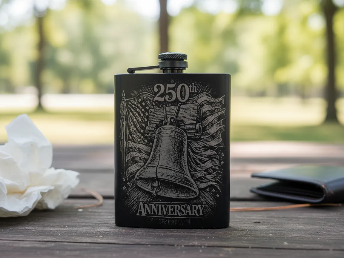 Black Flask with 250th Anniversary Laser Engraved Liberty Bell Design — free patriotic laser/print project file on Atomm