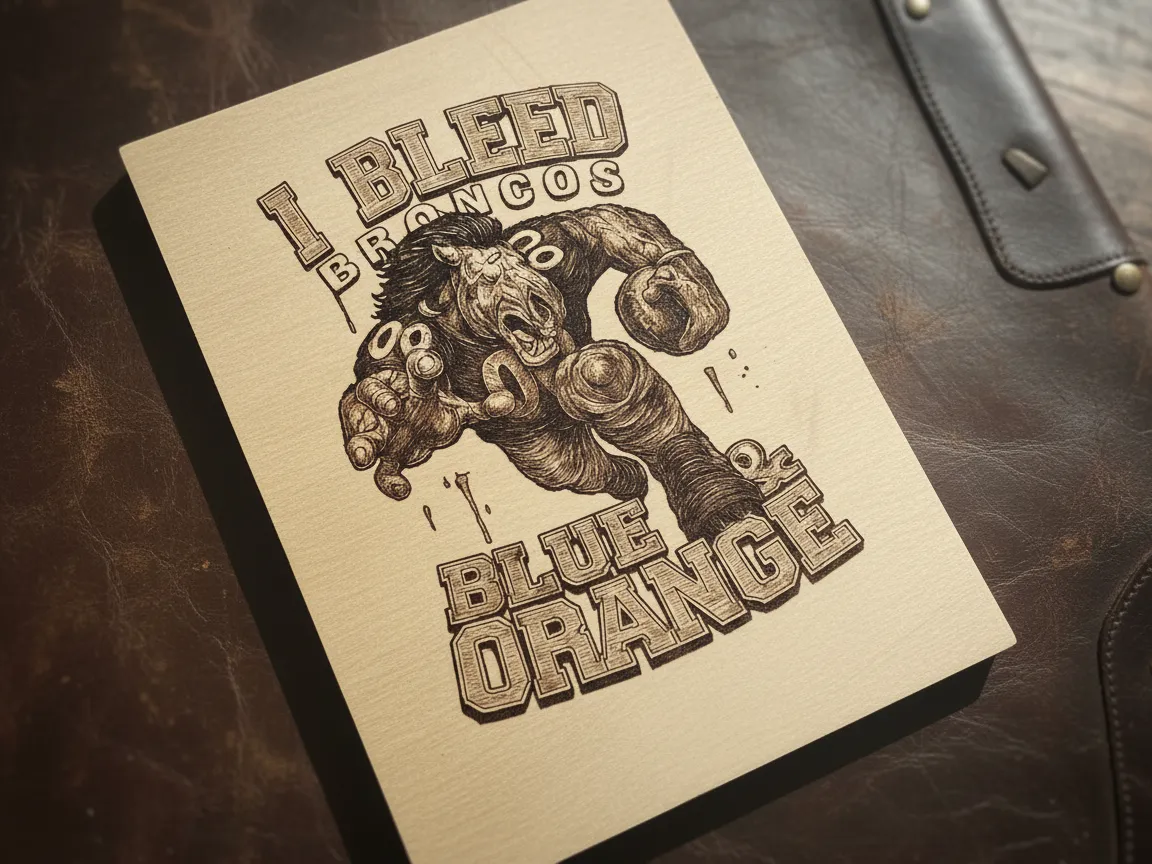 Laser engraved wooden sports plaque I Bleed Broncos blue orange