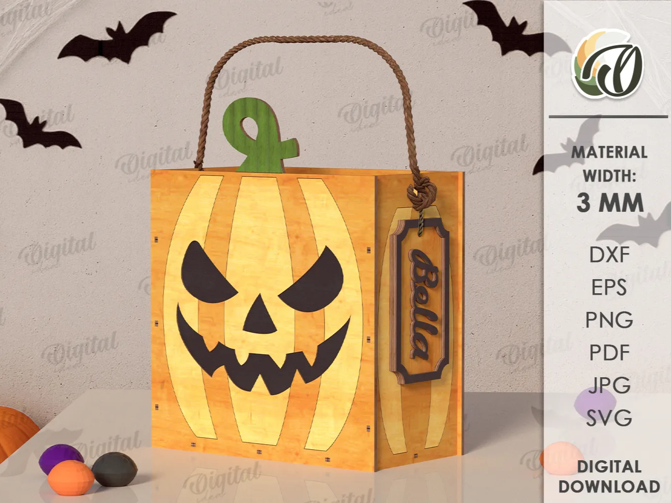 Sacchetto di caramelle 3D di Halloween. Sacchetto porta-caramelle tagliato al laser. Scatola inquietante di Halloween. Sacchetto in legno. Jack O Lantern - vero progetto zucca Atomm