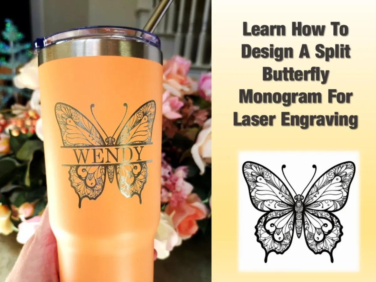 A split-letter monogram with a butterfly motif engraved on a tumbler