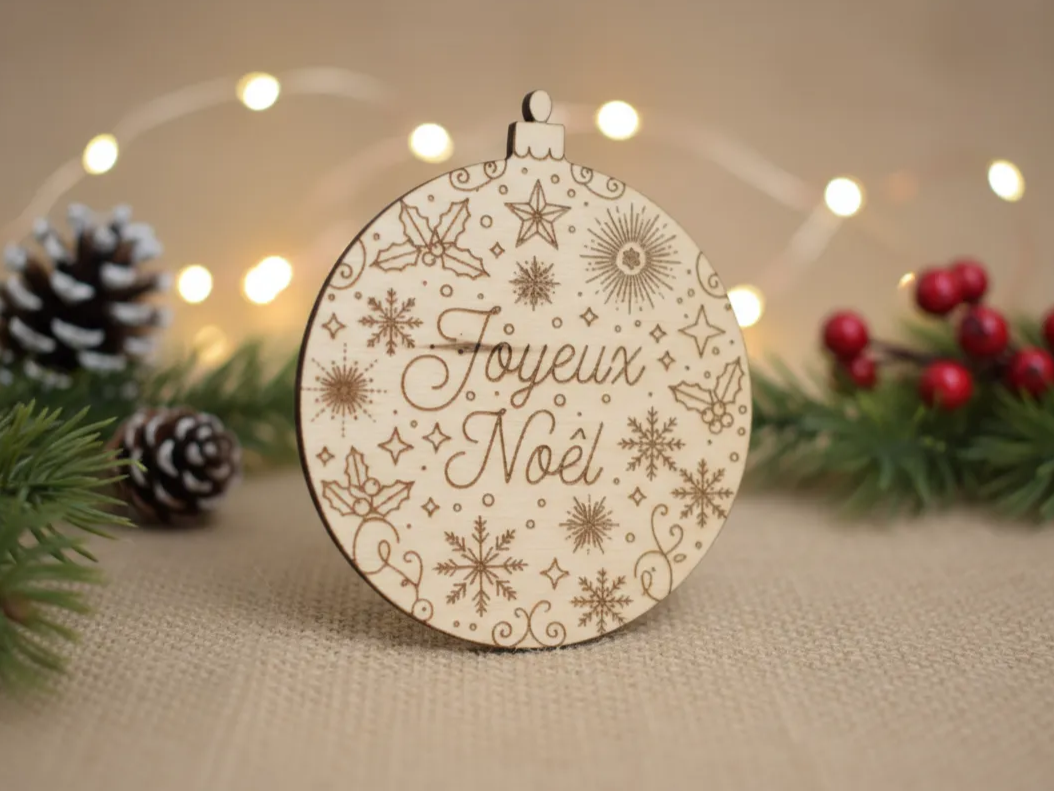 Laserowo grawerowana drewniana bombka 'Joyeux Noël'