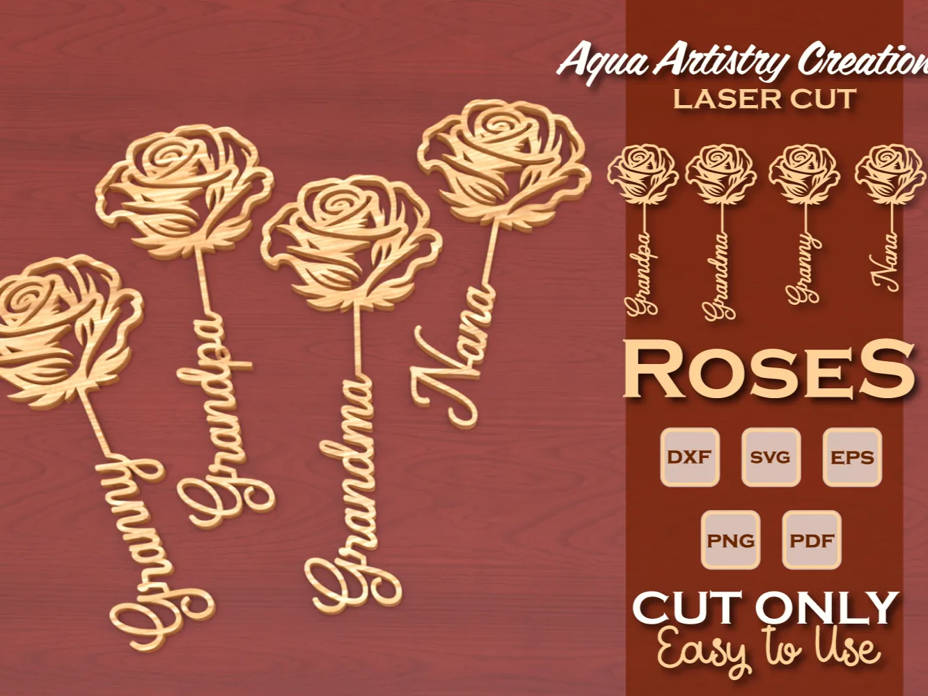 Laser-cut wooden roses engraved with grandma and nana names