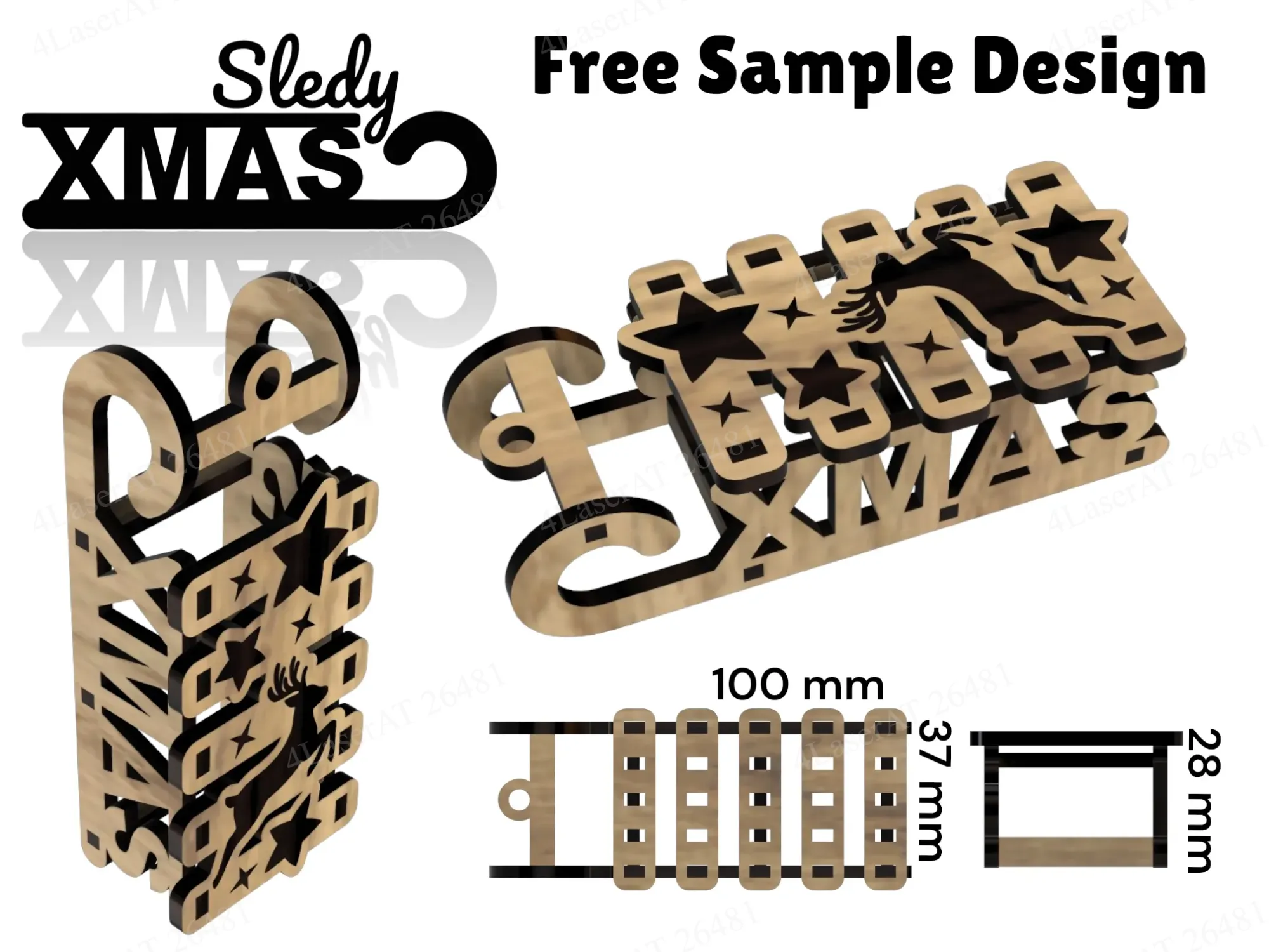 3D laser-cut wooden sled Christmas decoration