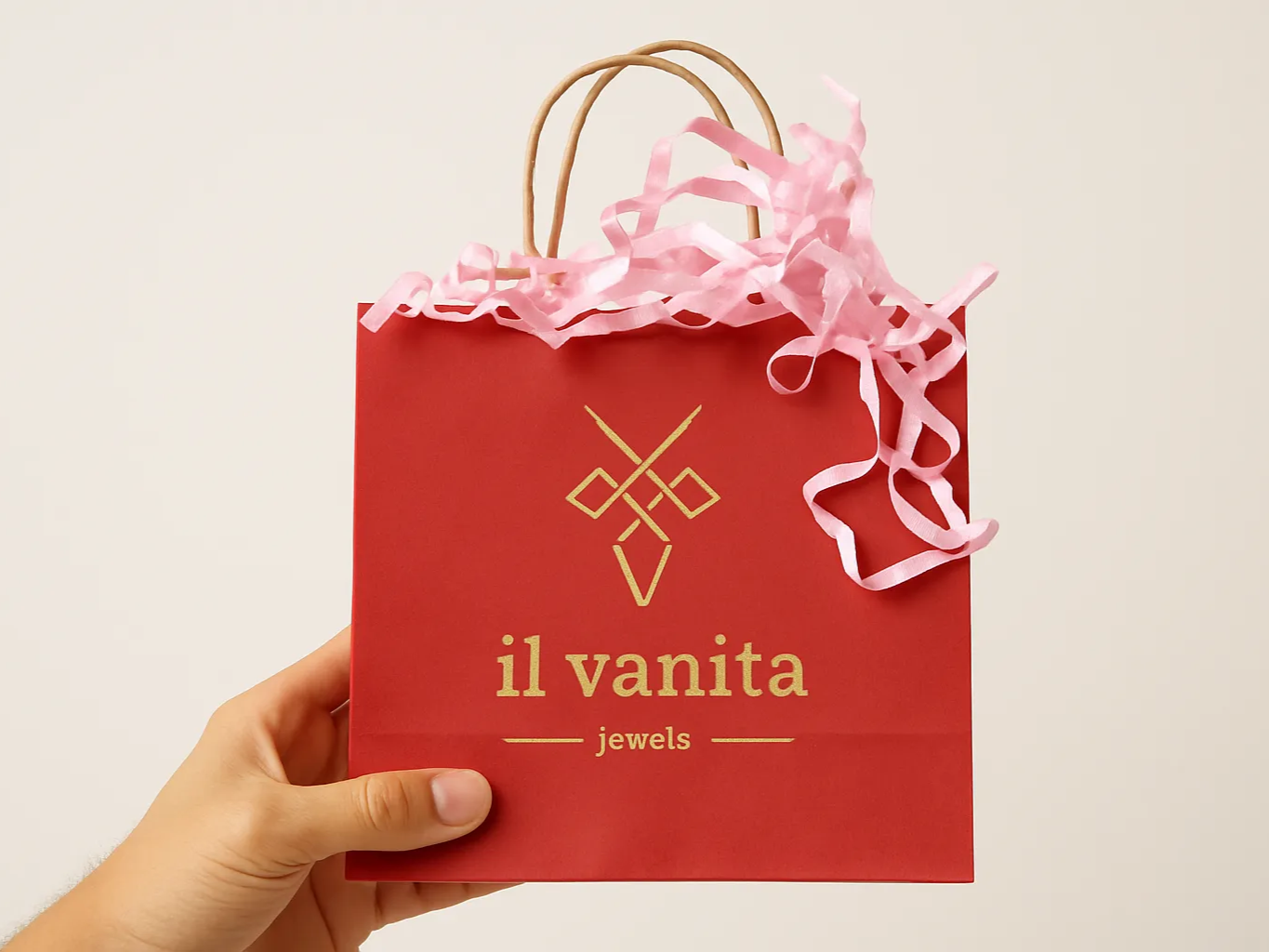 Red Jewelry Gift Bag with Pink Ribbon and Il Vanita Jewels Logo
