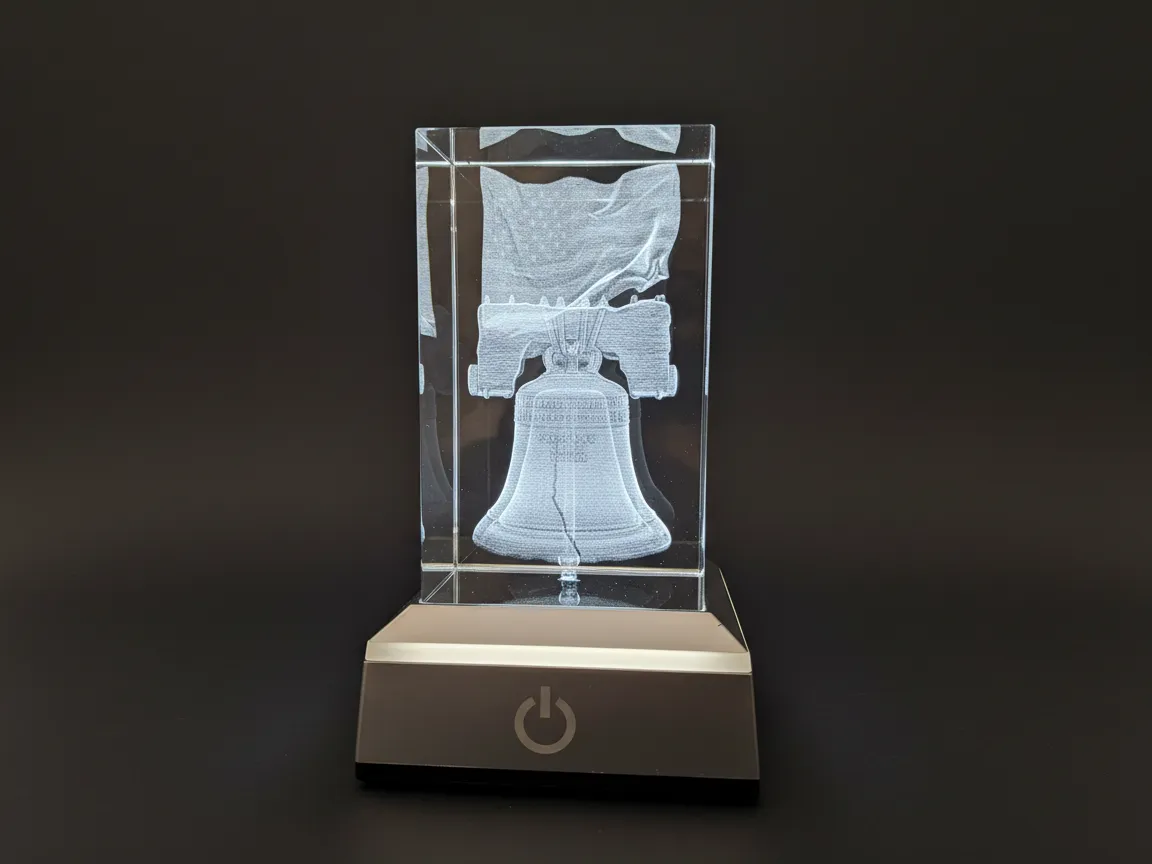 3D Laser Engraved Liberty Bell Crystal LED Light Display — free American flag wall art project file on Atomm