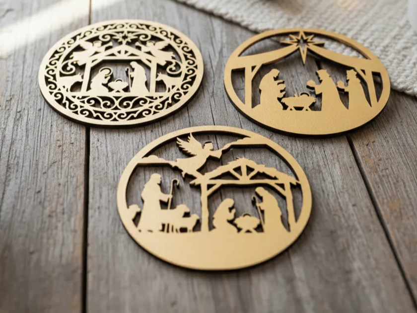 Wooden nativity scene ornament set with multiple coordinated figures