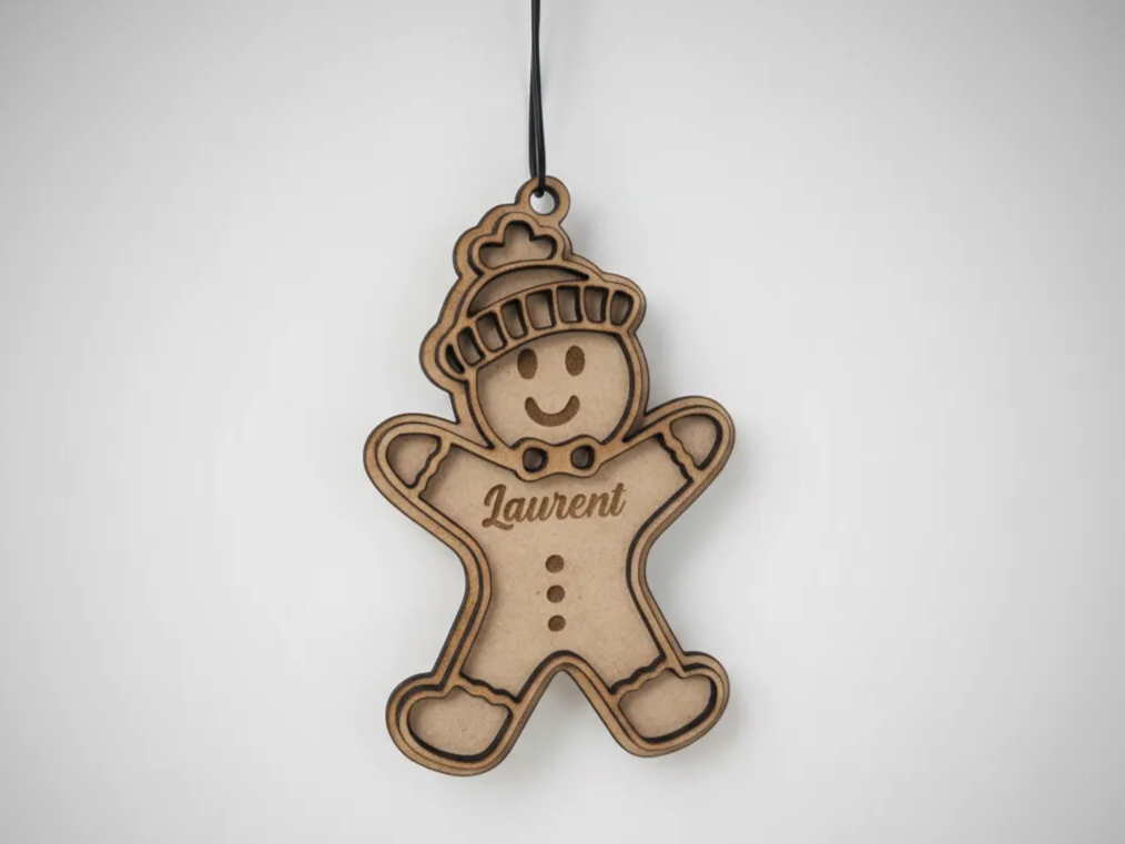 Personalized laser cut wooden gingerbread man ornament with name