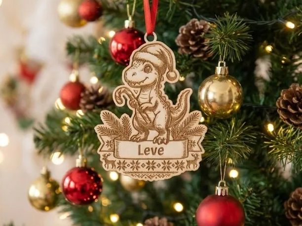 Personalized Dinosaur Christmas Ornament – Custom Text Banner | Laser-Ready Vector Design – personalizirana zasnova božičnega okraska