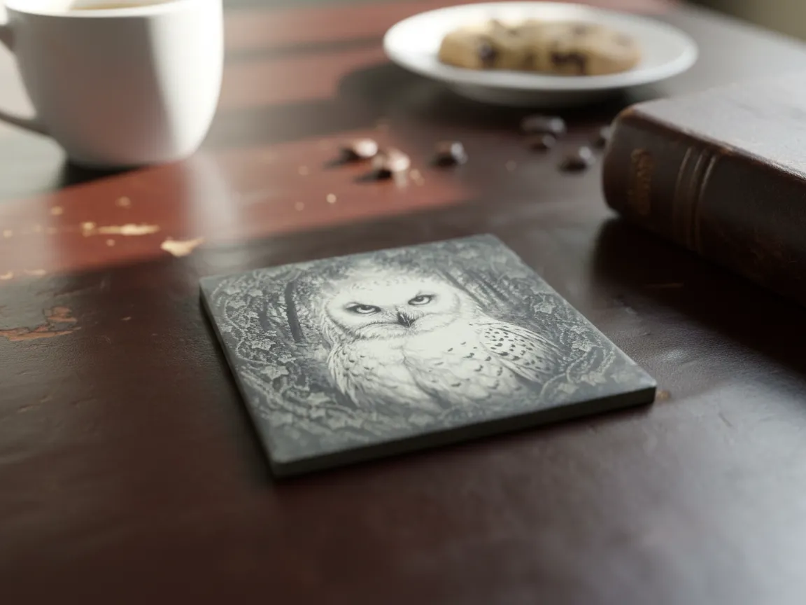 Snowy owl illustration engraved on square slate coaster