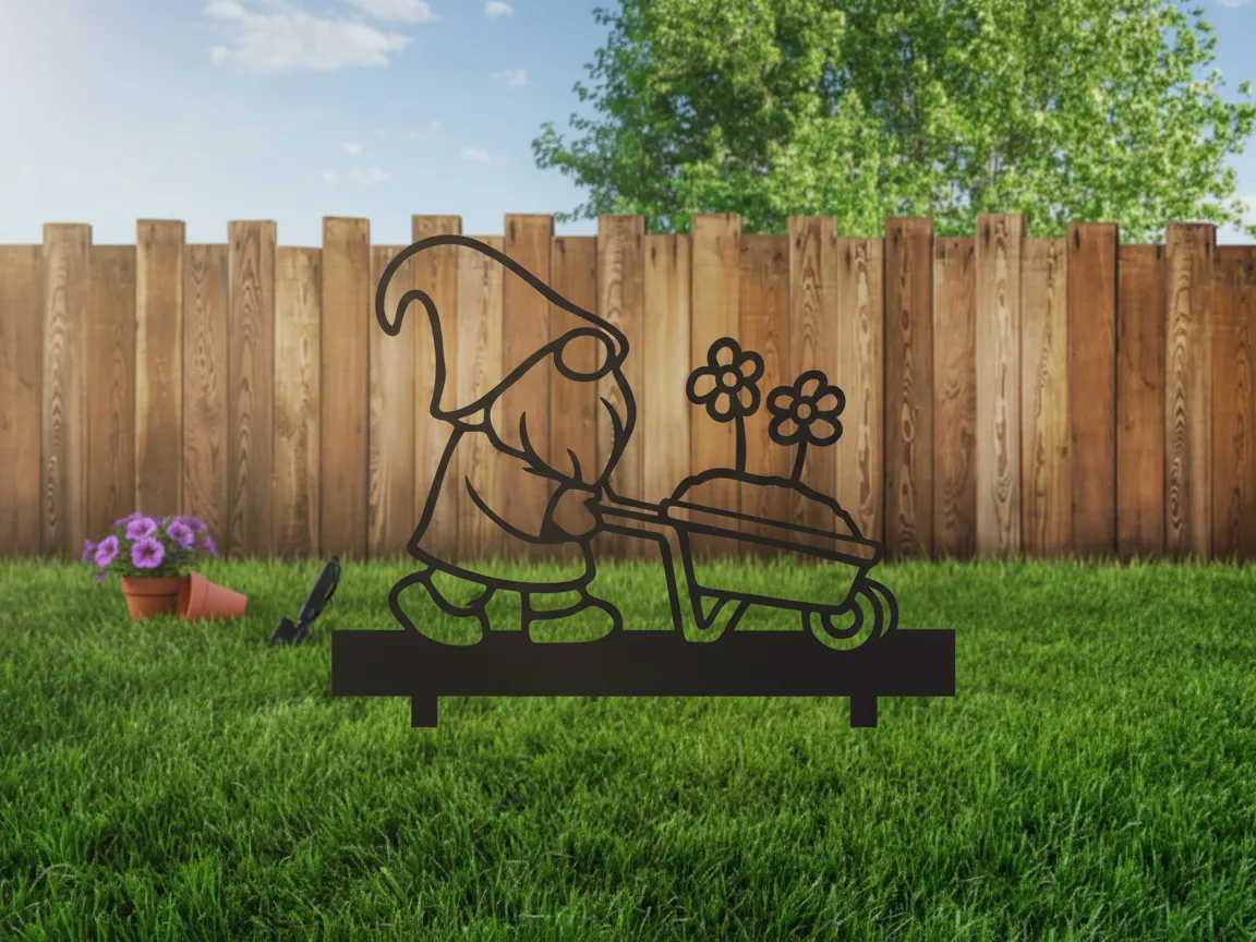 Gnome de jardin en métal découpé au laser avec brouette, art de jardin - modèle de décoration de jardin