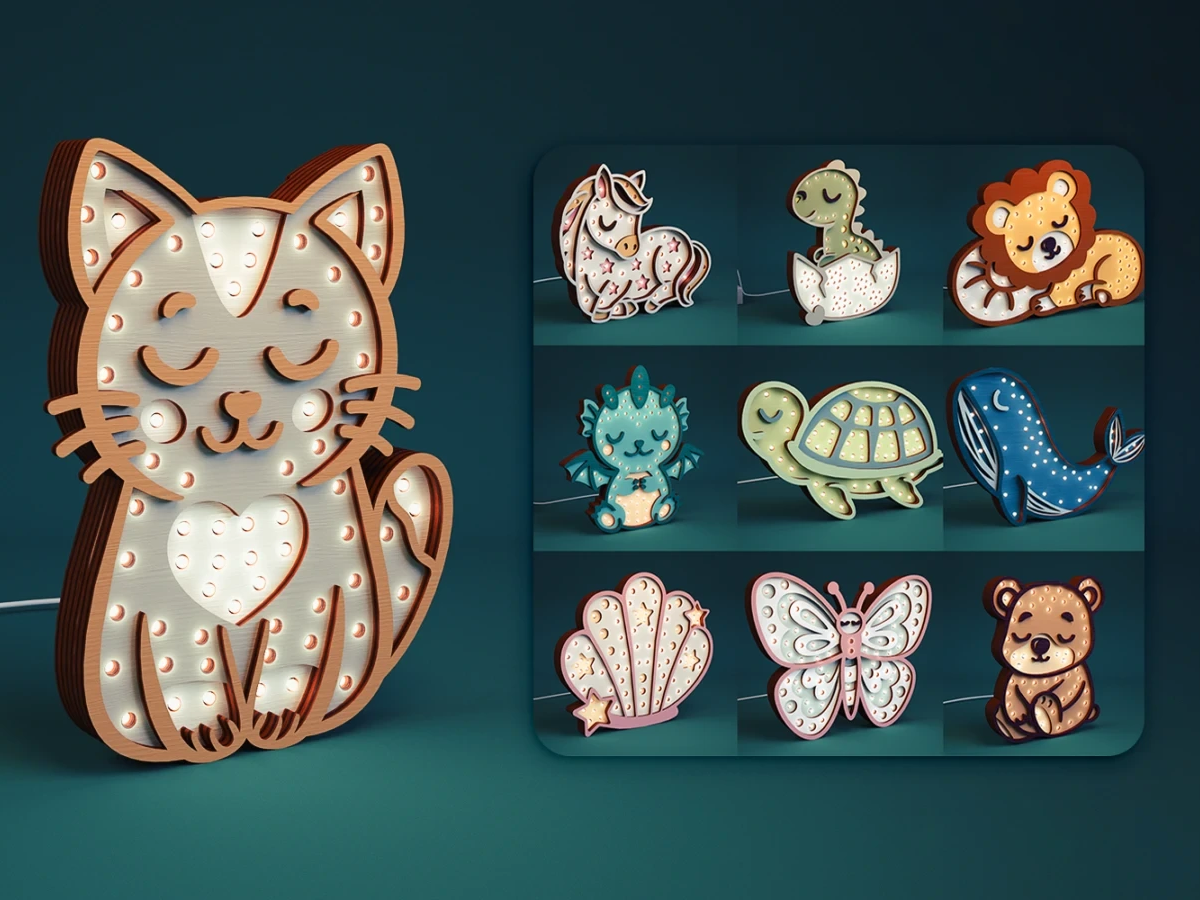 Kids animal LED night light laser cut wooden lamp for nursery
