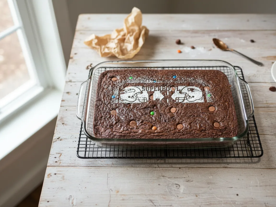 Chocolate Brownie with Super Bowl Themed Powdered Sugar Stencil and Customizable Sign sports party decoration design