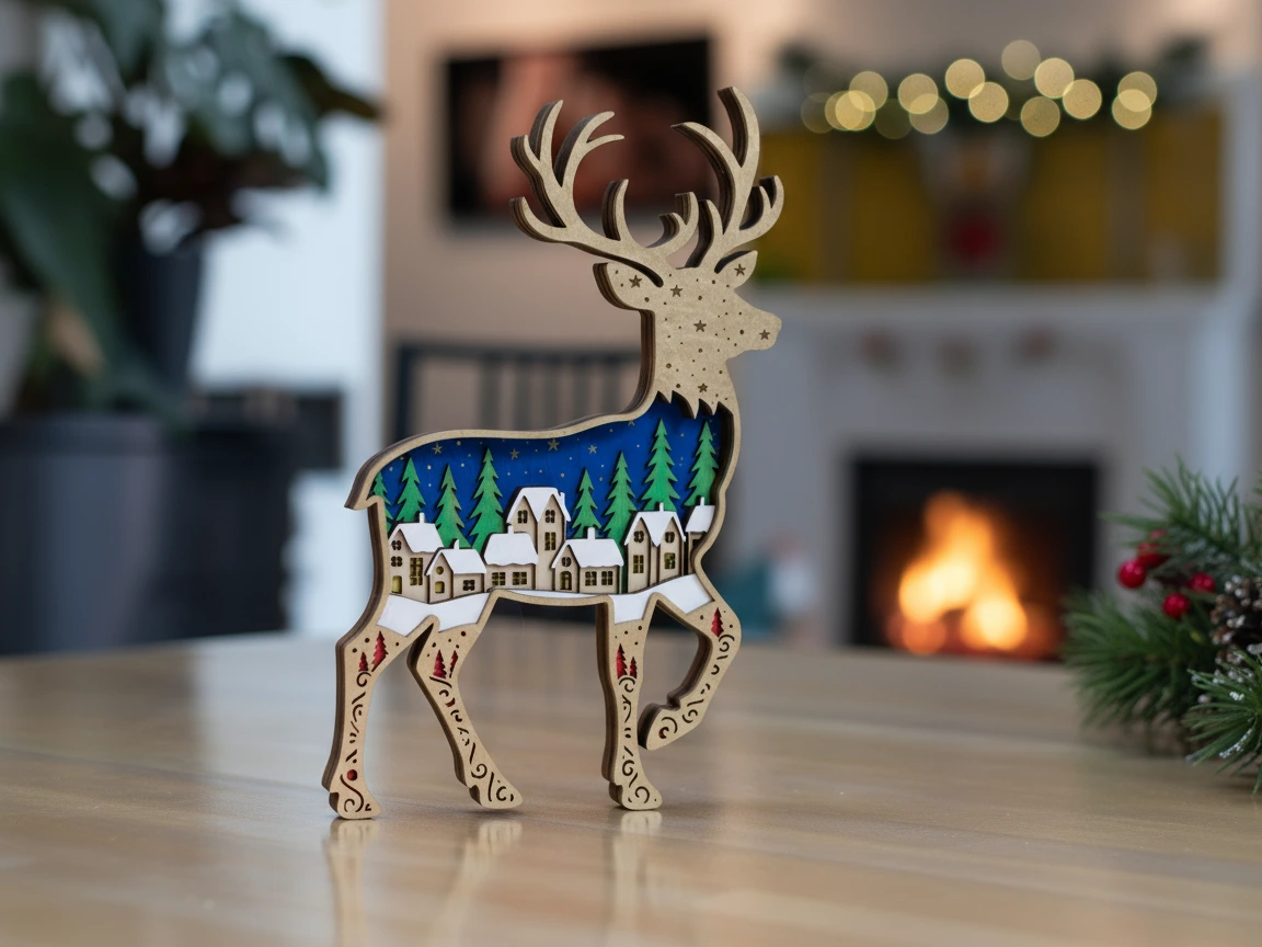 Multi layers Laser Cut Wooden Reindeer Christmas Ornament with