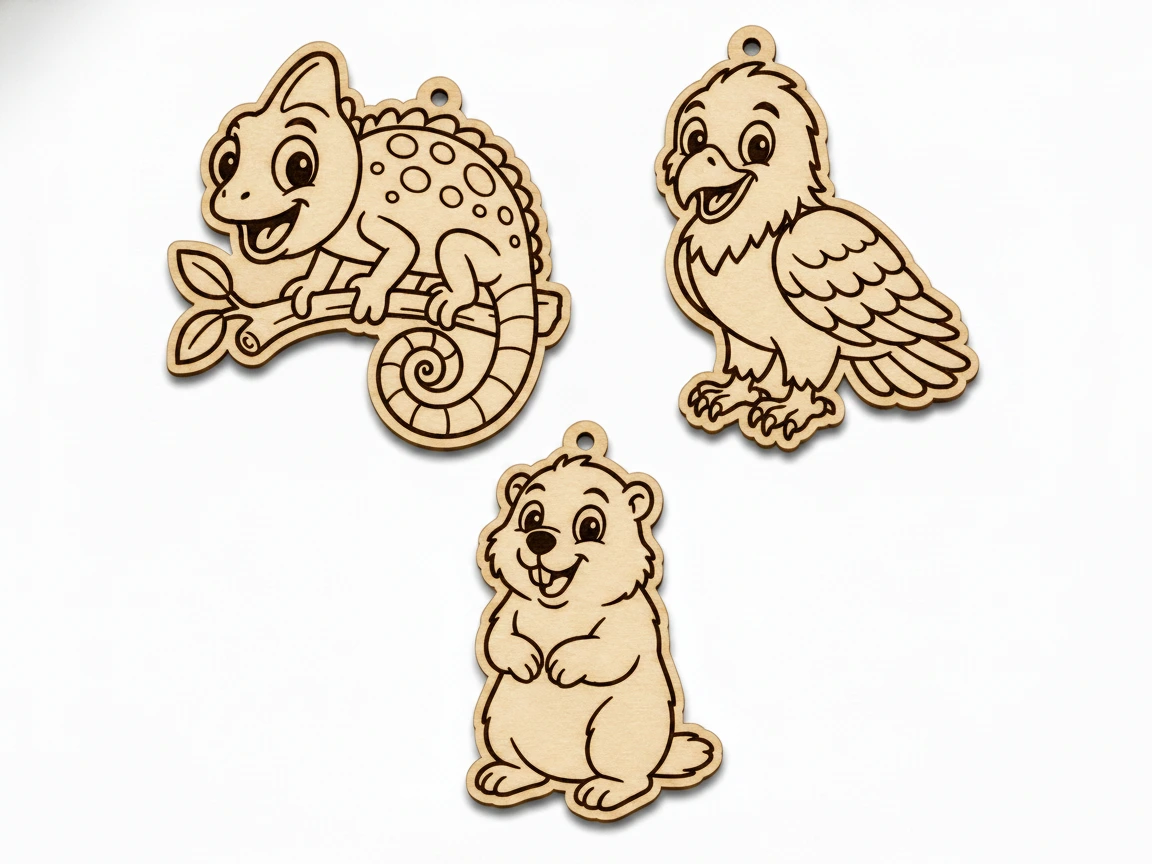 Bezauberndes Holz-Schlüsselanhänger-Set Chamäleon, Adler, Hamster, lasergravierte Tiermotive, süße Sperrholz-Anhänger für Schlüssel, Taschen und Geschenke