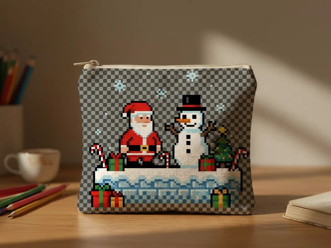 Christmas Themed Pixel Art Zipper Pouch with Santa and Snowman