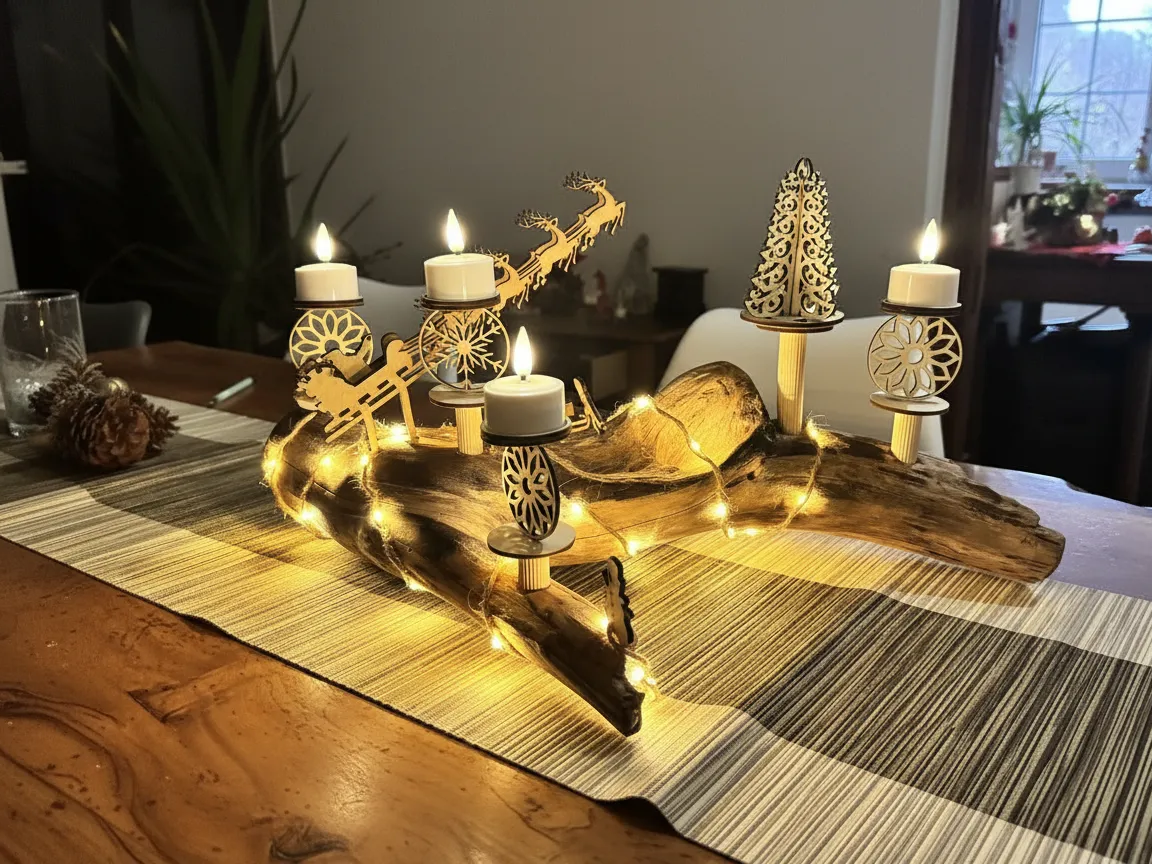 Laser cut wooden Christmas candle holder with fairy lights