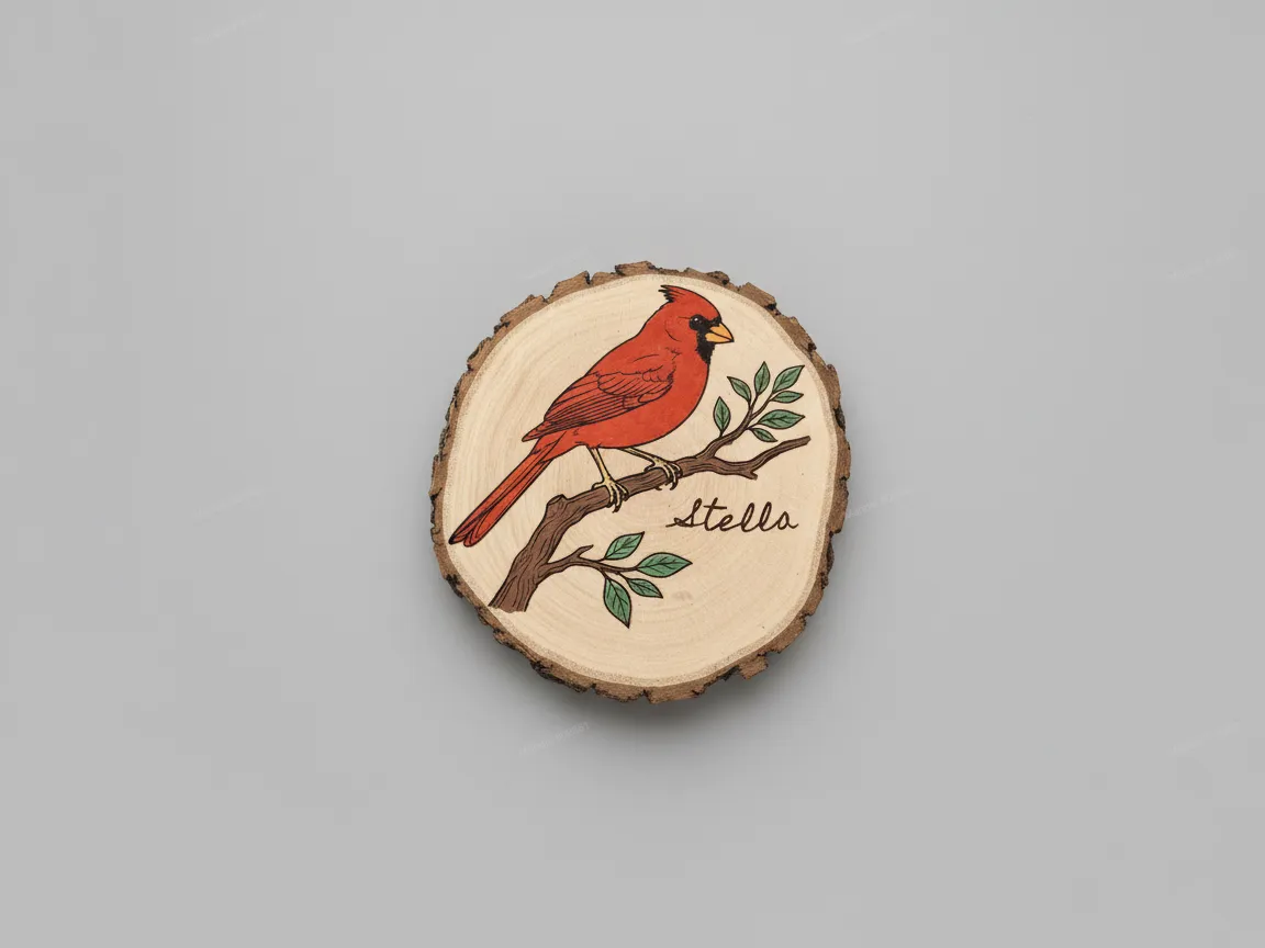 Wood slice engraved with a cardinal bird and custom name