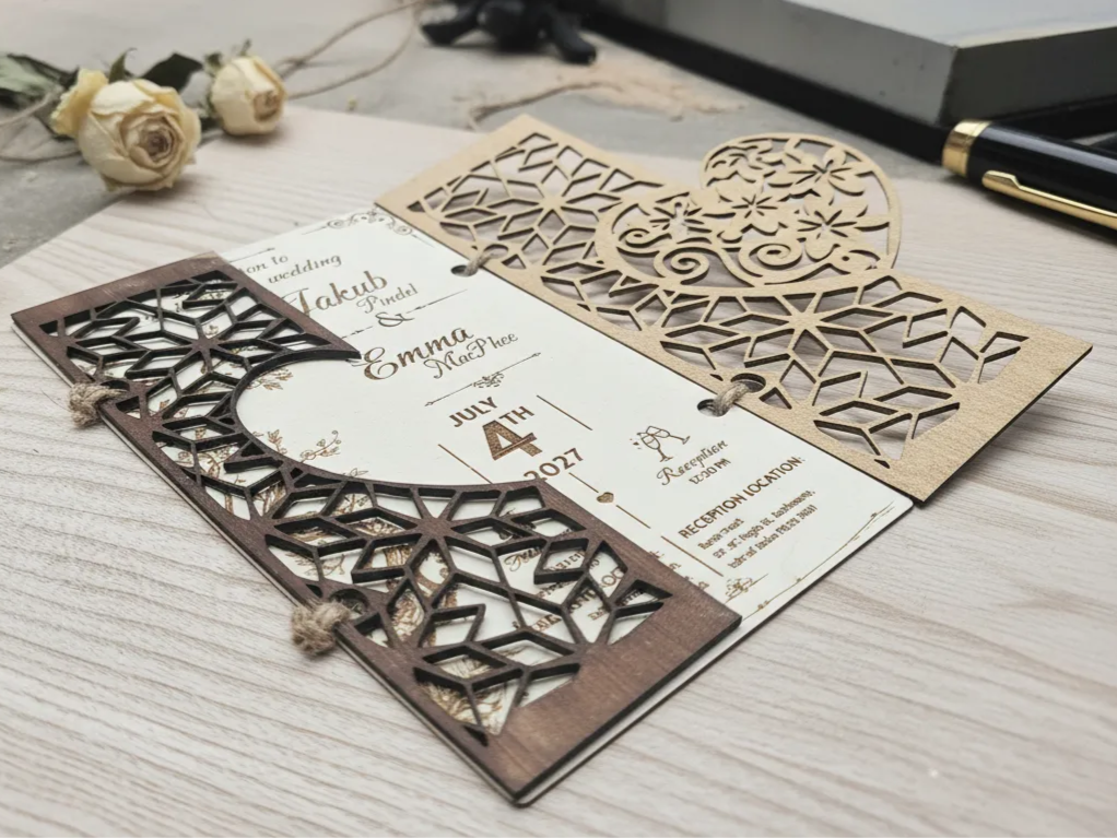 2 versions of Rustic Pattern Wedding Invitation with Heart Wood Cover ...