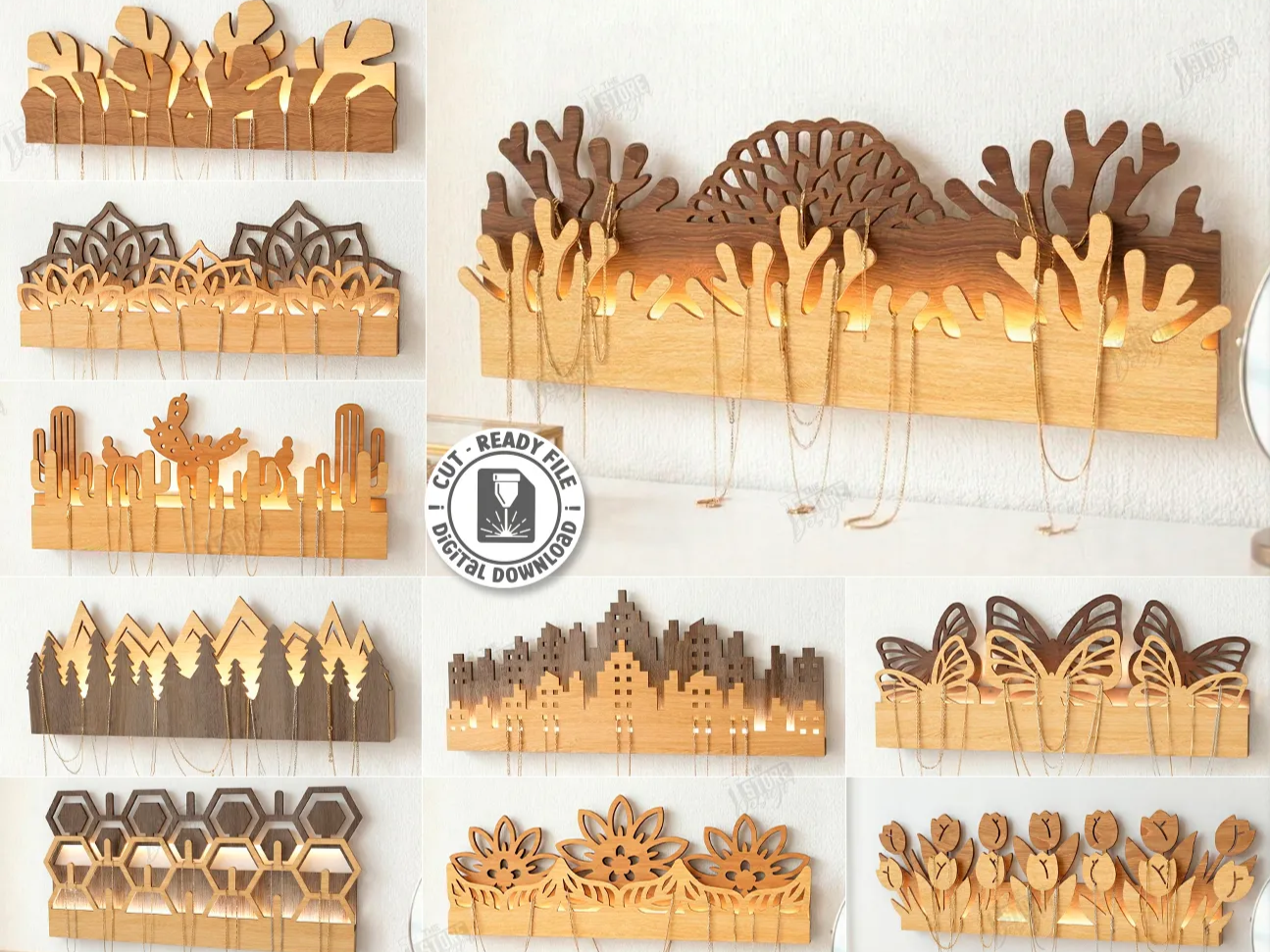 Wall Mounted Wooden Necklace Holder and Jewelry Organizer Display laser Cut Bundle. Wall Jewelry Organizer. Boho Wall Decor birthday gift for her idea