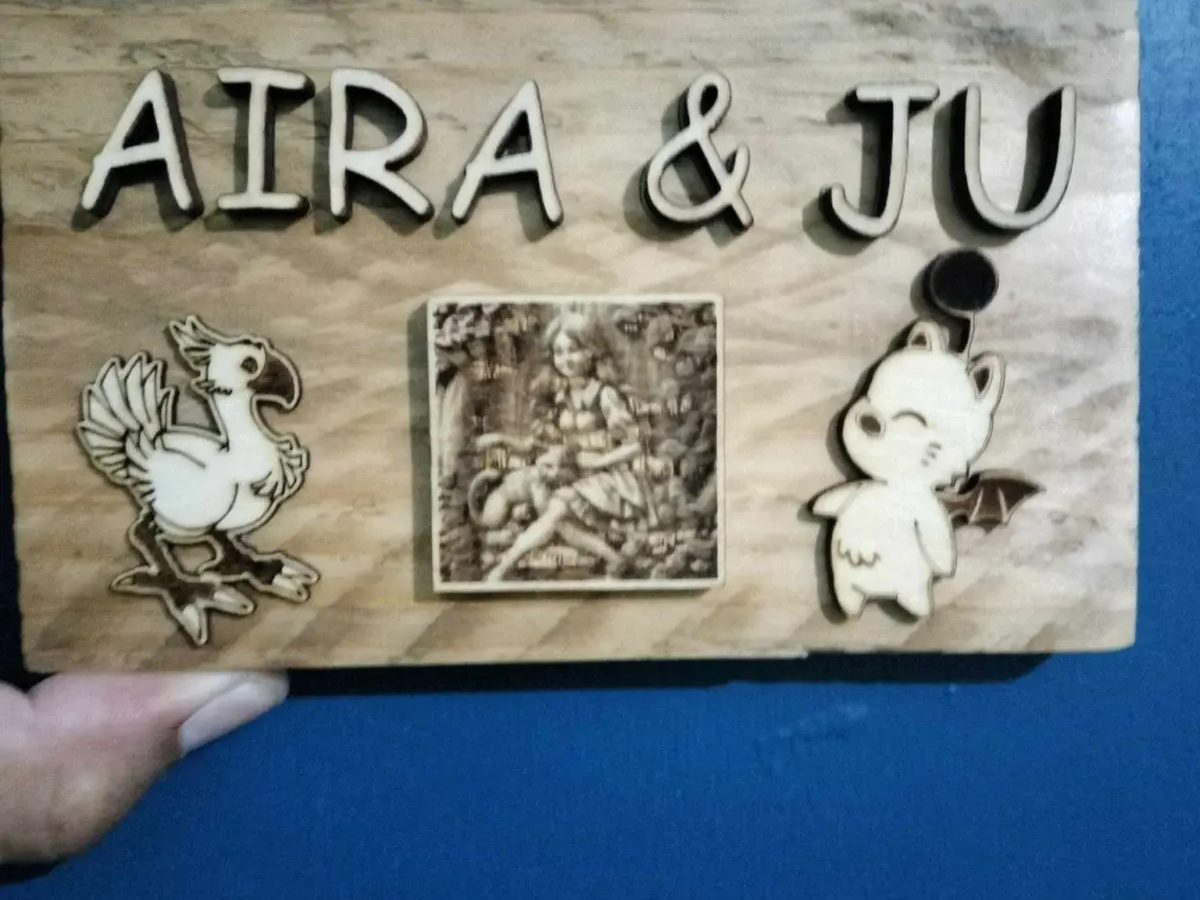 Themed wooden name plate with Final Fantasy styling