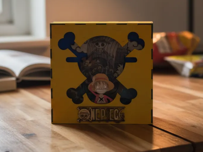 Small wood laser cut box with One Piece skull and logo manga theme gift idea