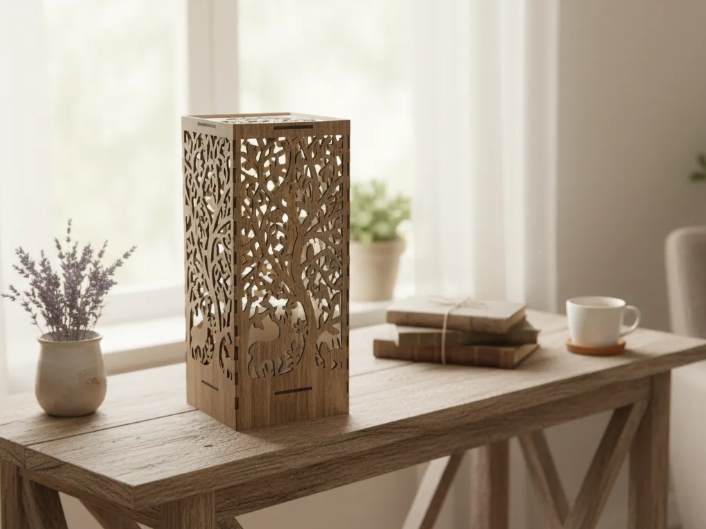 Lentera kayu dengan desain hutan yang menyala untuk dekorasi luar
