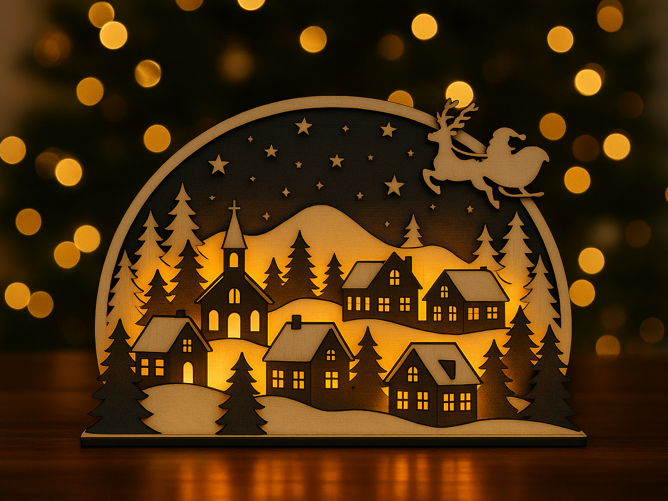 Laser cut wooden Christmas village light decoration with Santa sleigh