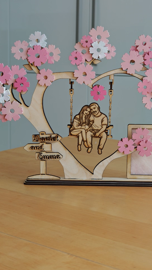 [Laser cut and engrave] Personalized Couple on Swing Tree Photo Frame with Pink Cherry Blossom Flowers