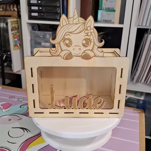 [Laser cut and engrave] Laser Cut Personalized Unicorn Money Box with Name Lucie