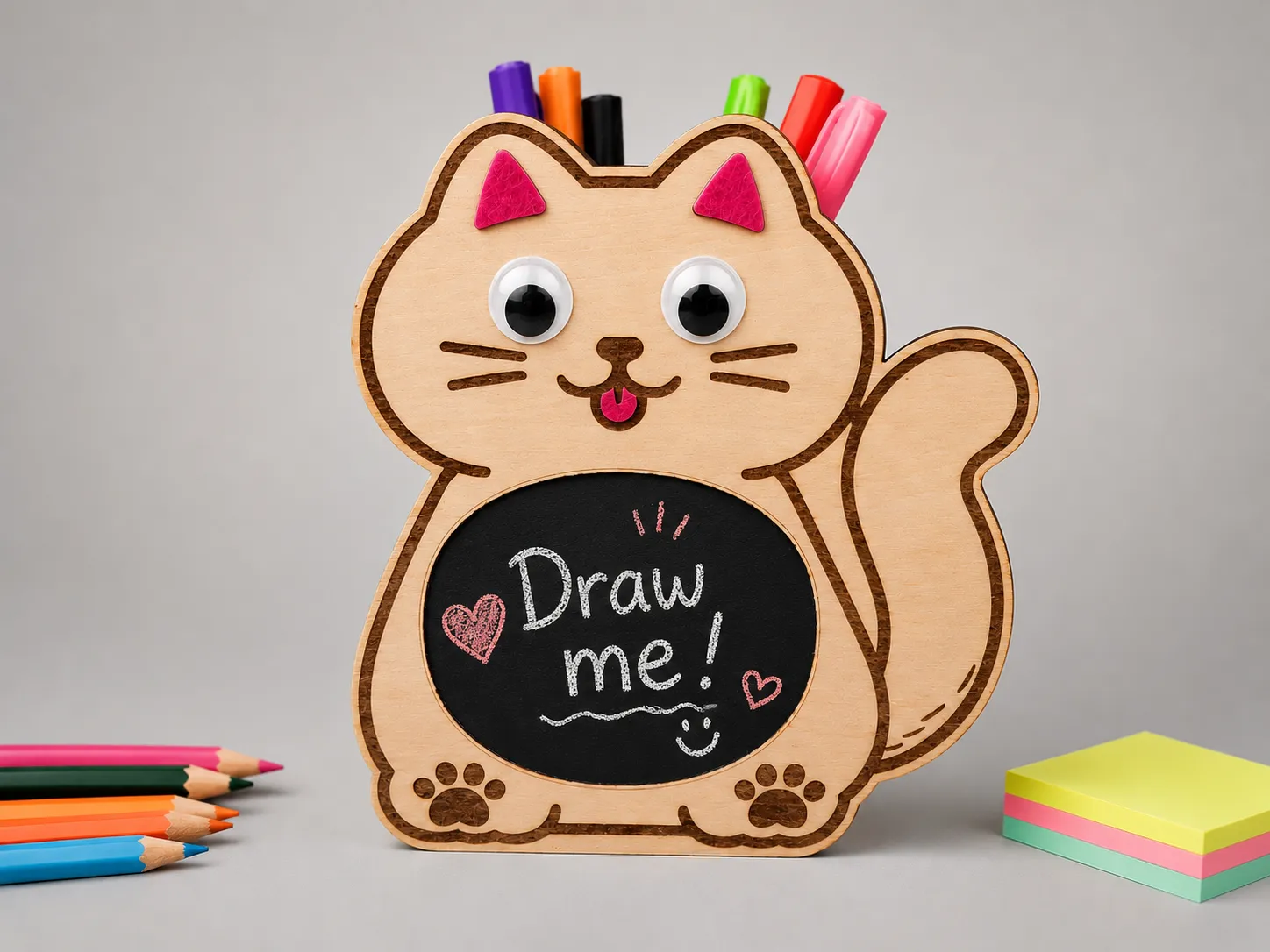 Kawaii cat-shaped pencil holder with a small chalkboard panel