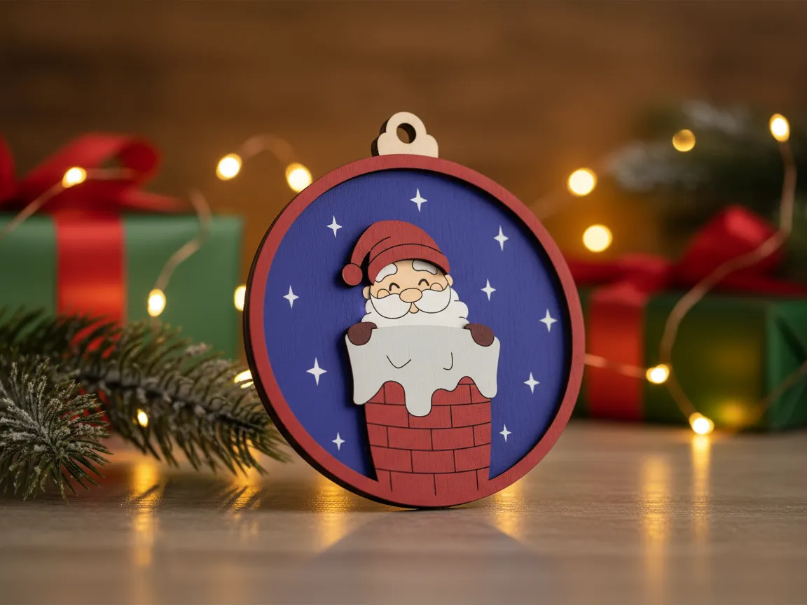 A layered wooden ornament of Santa in a chimney against a starry night-blue background