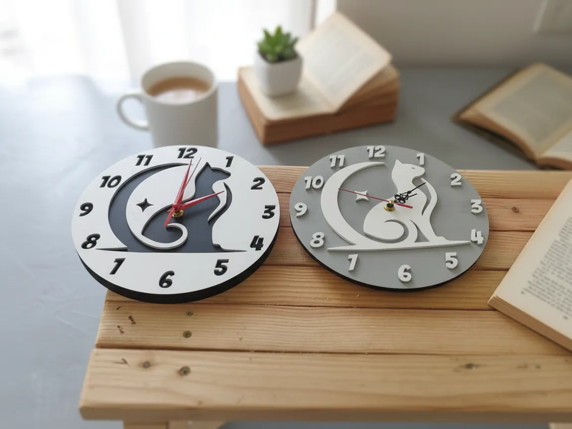 Cat and Crescent Moon Round Clock laser cut cat clock idea