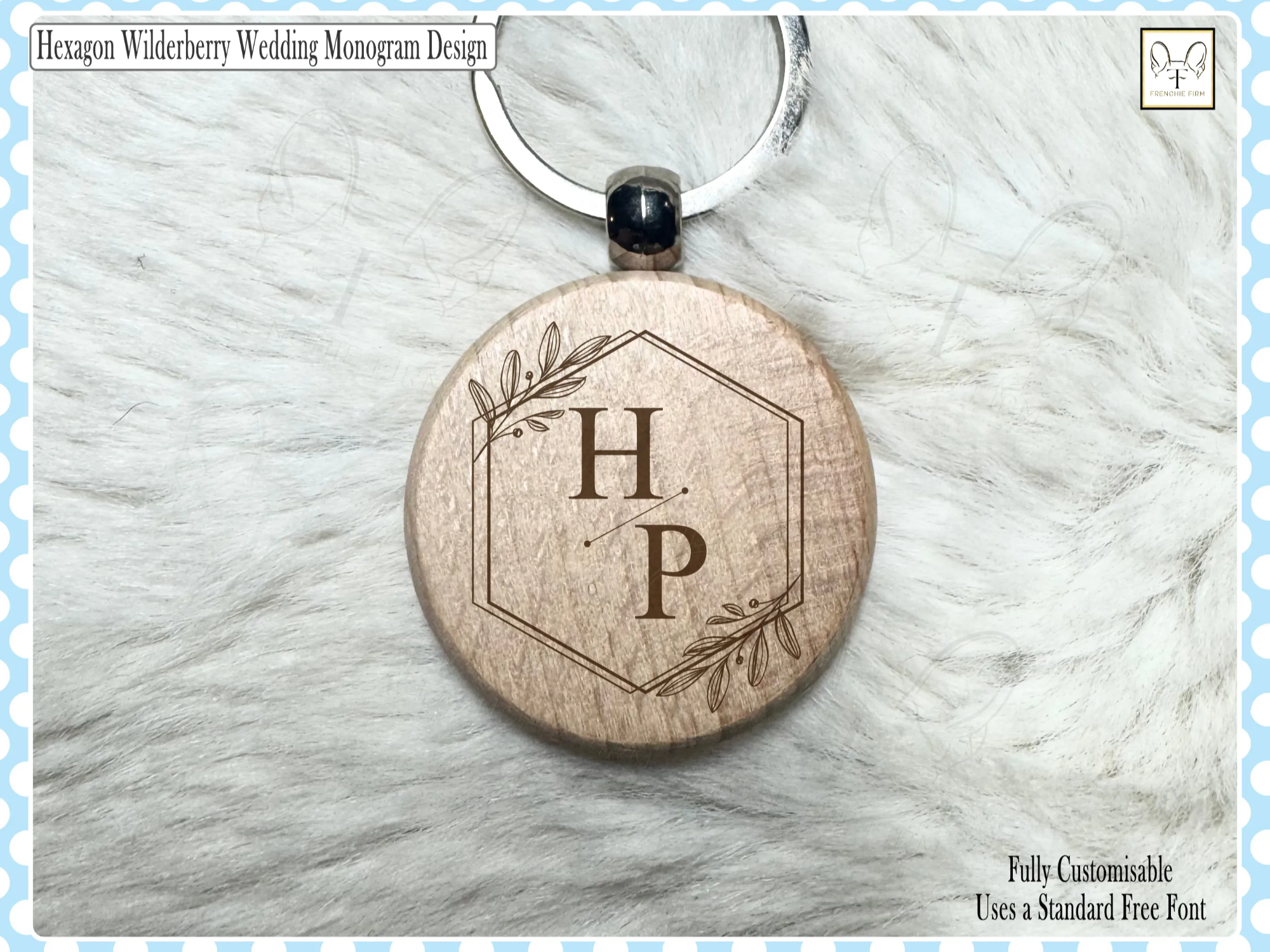 A hexagon-shaped wooden keychain with a personalized initial