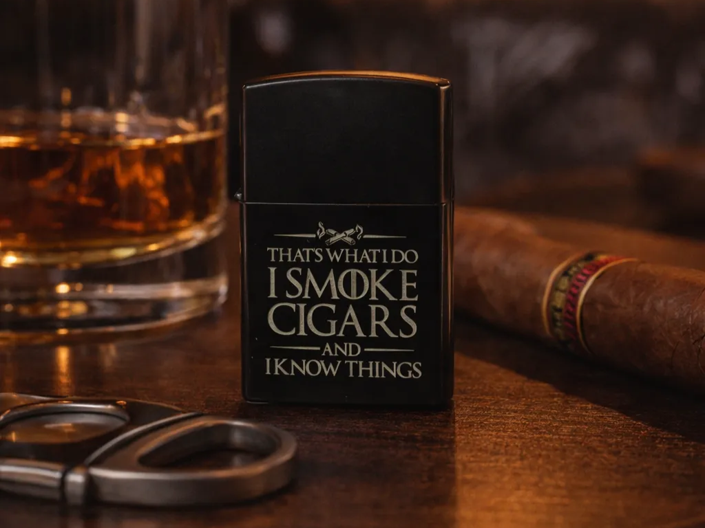 Laser Engraved Black Metal Lighter with Cigars Quote groomsmen gift idea