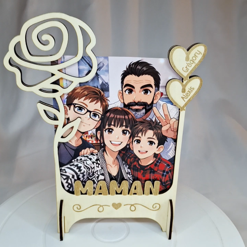 [Laser cut and engrave] Cadre photo personnalisé avec motif rose et cœurs pour la fête des mères