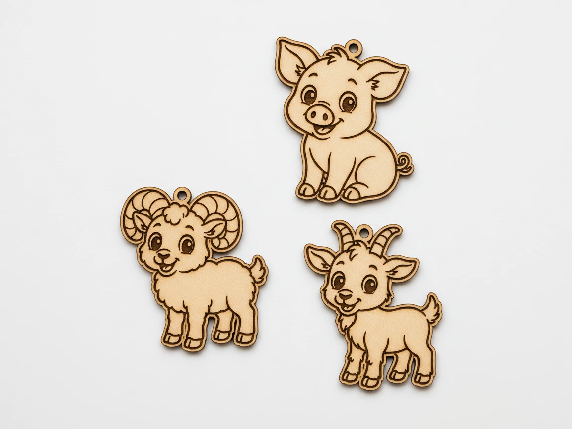 Bezauberndes Holz-Schlüsselanhänger-Set mit Schwein, Ziege und Widder, lasergravierte süße Tiermotive, lustige Accessoires für Schlüssel, Rucksäcke oder Geschenke